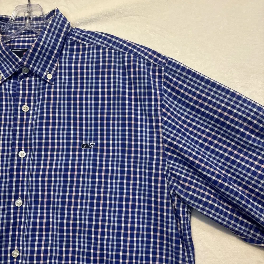 Vineyard Vines Men's Plaid Whale Shirt Button Down Pink Blue Size Large Preppy